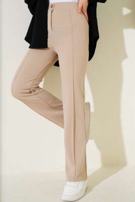 Tek Düğmeli Çımalı Pantolon Bej - Thumbnail