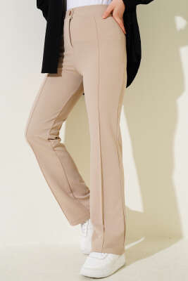 Tek Düğmeli Çımalı Pantolon Bej - Thumbnail