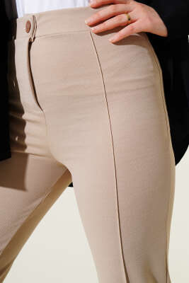 Tek Düğmeli Çımalı Pantolon Bej - Thumbnail