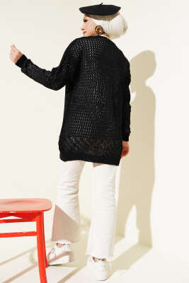 Delikli İp Bağcıklı Triko Hırka Siyah - Thumbnail