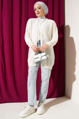 Delikli İp Bağcıklı Triko Hırka Ekru - Thumbnail