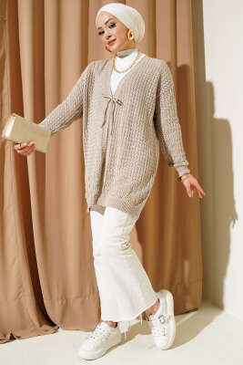 Delikli İp Bağcıklı Triko Hırka Bej - Thumbnail