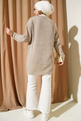 Delikli İp Bağcıklı Triko Hırka Bej - Thumbnail