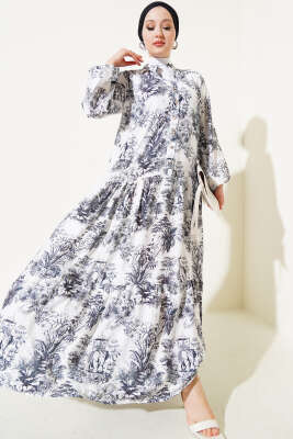 Pazarium - Filli Çiçek Desenli Viskon Elbise Siyah