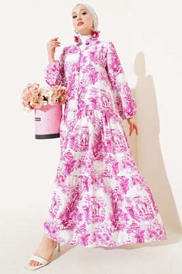 Pazarium - Filli Çiçek Desenli Viskon Elbise Menekşe