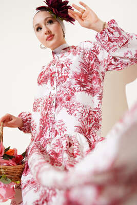 Pazarium - Filli Çiçek Desenli Viskon Elbise Bordo