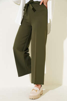 Bel Bağcıklı Rahat Bol Paça Haki Pantolon - Thumbnail