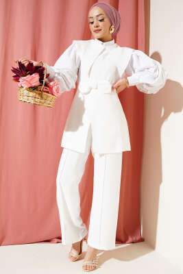 Pazarium - Fiyonk Detaylı Denizci Yaka İkili Takım Beyaz