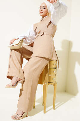 Pazarium - Fiyonk Detaylı Denizci Yaka İkili Takım Bej