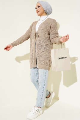 İp Bağlamalı Desenli Triko Hırka Vizon - Thumbnail