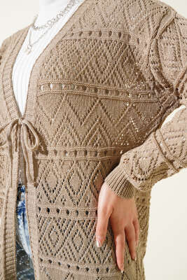 İp Bağlamalı Desenli Triko Hırka Vizon - Thumbnail