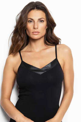 Pazarium - Saten Detaylı V Yaka Atlet Siyah