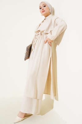 Pazarium - Bel Tünelli Yan Yırtmaçlı Uzun Tunik İkili Takım Bej