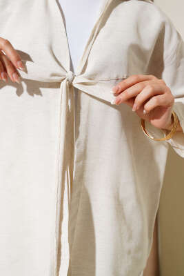 Önü Bağlamalı Keten Kimono Bej - Thumbnail