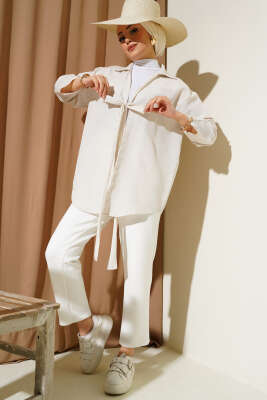 Önü Bağlamalı Keten Kimono Bej - Thumbnail