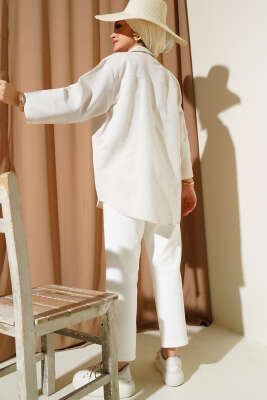 Önü Bağlamalı Keten Kimono Bej - Thumbnail