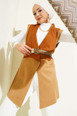 Pazarium - Kruvaze Yaka Süet Yelek Latte