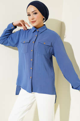 Pazarium - Çift Cepli Tahta Düğmeli Gömlek İndigo