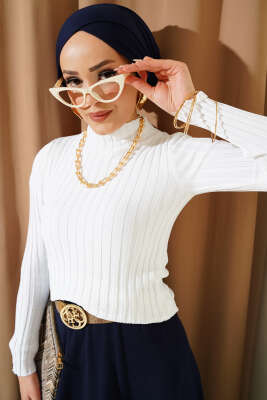 Pazarium - Fitilli Esnek Triko Kazak Beyaz