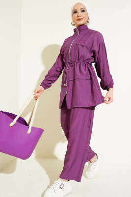 Pazarium - Fermuarlı Bel Tünelli İkili Takım Mor