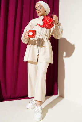 Pazarium - Fermuarlı Bel Tünelli İkili Takım Bej