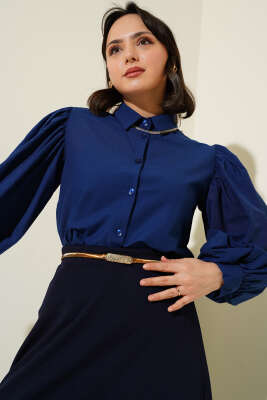 Pazarium - Balon Kol Kısa Gömlek Lacivert