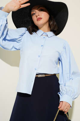 Pazarium - Balon Kol Kısa Gömlek Buz Mavisi