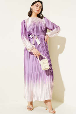 Pazarium - Çift Renkli Piliseli Saten Elbise Lila