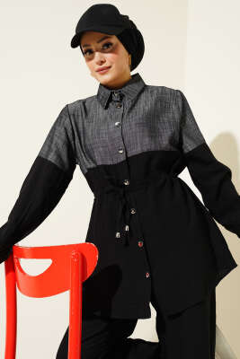 Kot Garnili Düğmeli Tünelli İkili Takım Siyah - Thumbnail