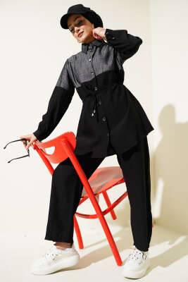 Kot Garnili Düğmeli Tünelli İkili Takım Siyah - Thumbnail