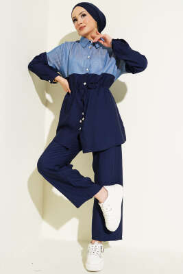 Kot Garnili Düğmeli Tünelli İkili Takım Lacivert - Thumbnail