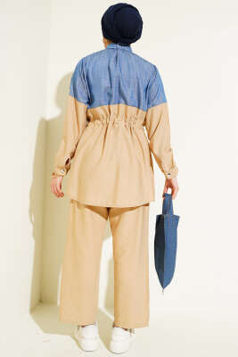 Kot Garnili Düğmeli Tünelli İkili Takım Bej - Thumbnail