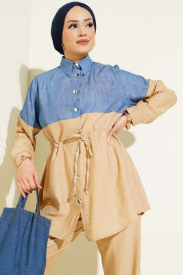 Kot Garnili Düğmeli Tünelli İkili Takım Bej - Thumbnail