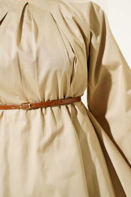 Yakası Pensli Kemerli Poplin İkili Takım Vizon - Thumbnail