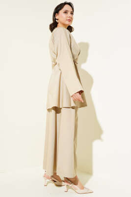 Yakası Pensli Kemerli Poplin İkili Takım Vizon - Thumbnail