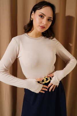 Pazarium - Bisiklet Yaka Basic Body Bej