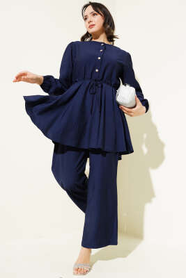 Pazarium - Bel İpli Taş Düğmeli Tunik İkili Takım Lacivert