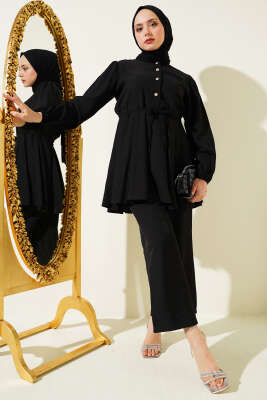 Pazarium - Bel İpli Taş Düğmeli Tunik İkili Takım Siyah