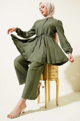 Pazarium - Bel İpli Taş Düğmeli Tunik İkili Takım Haki