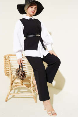 Pazarium - Çapraz Düğmeli Kemerli Yelekli İkili Takım Siyah