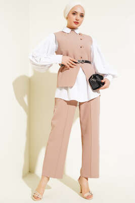 Pazarium - Çapraz Düğmeli Kemerli Yelekli İkili Takım Latte