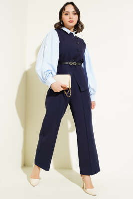 Pazarium - Çapraz Düğmeli Kemerli Yelekli İkili Takım Lacivert