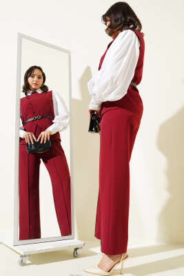 Pazarium - Çapraz Düğmeli Kemerli Yelekli İkili Takım Bordo