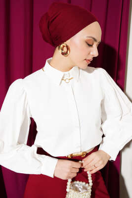 Pazarium - Balon Kol Kısa Gömlek Ekru