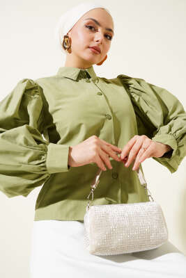 Pazarium - Balon Kol Kısa Gömlek Çağla Yeşili