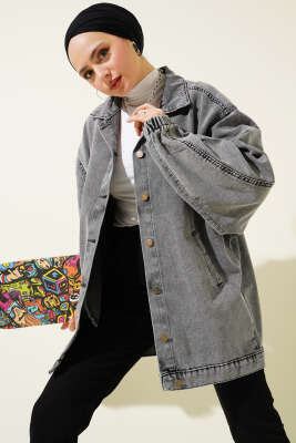 Yarasa Kol Kot Ceket Gri - Thumbnail