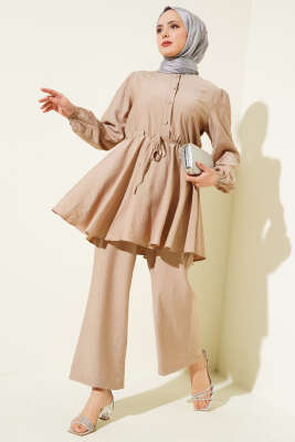 Pazarium - Bel İpli Taş Düğmeli Tunik İkili Takım Latte