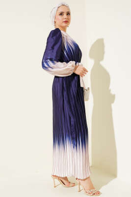 Çift Renkli Piliseli Saten Elbise Lacivert - Thumbnail