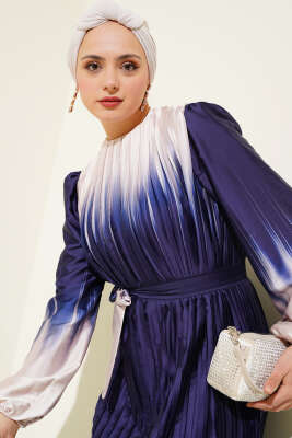 Çift Renkli Piliseli Saten Elbise Lacivert - Thumbnail