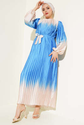 Pazarium - Çift Renkli Piliseli Saten Elbise İndigo